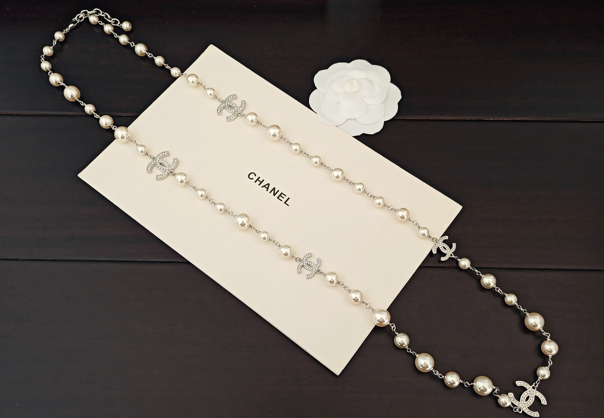 Chanel Crystal CC And Graduated Pearl Sautoir Necklace – Silver-Tone - Image 3
