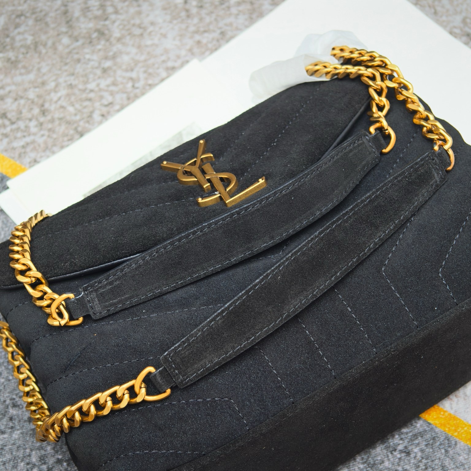 Saint Laurent Suede Calfskin Y Quilted Monogram Small Loulou Chain Satchel Black - Image 6
