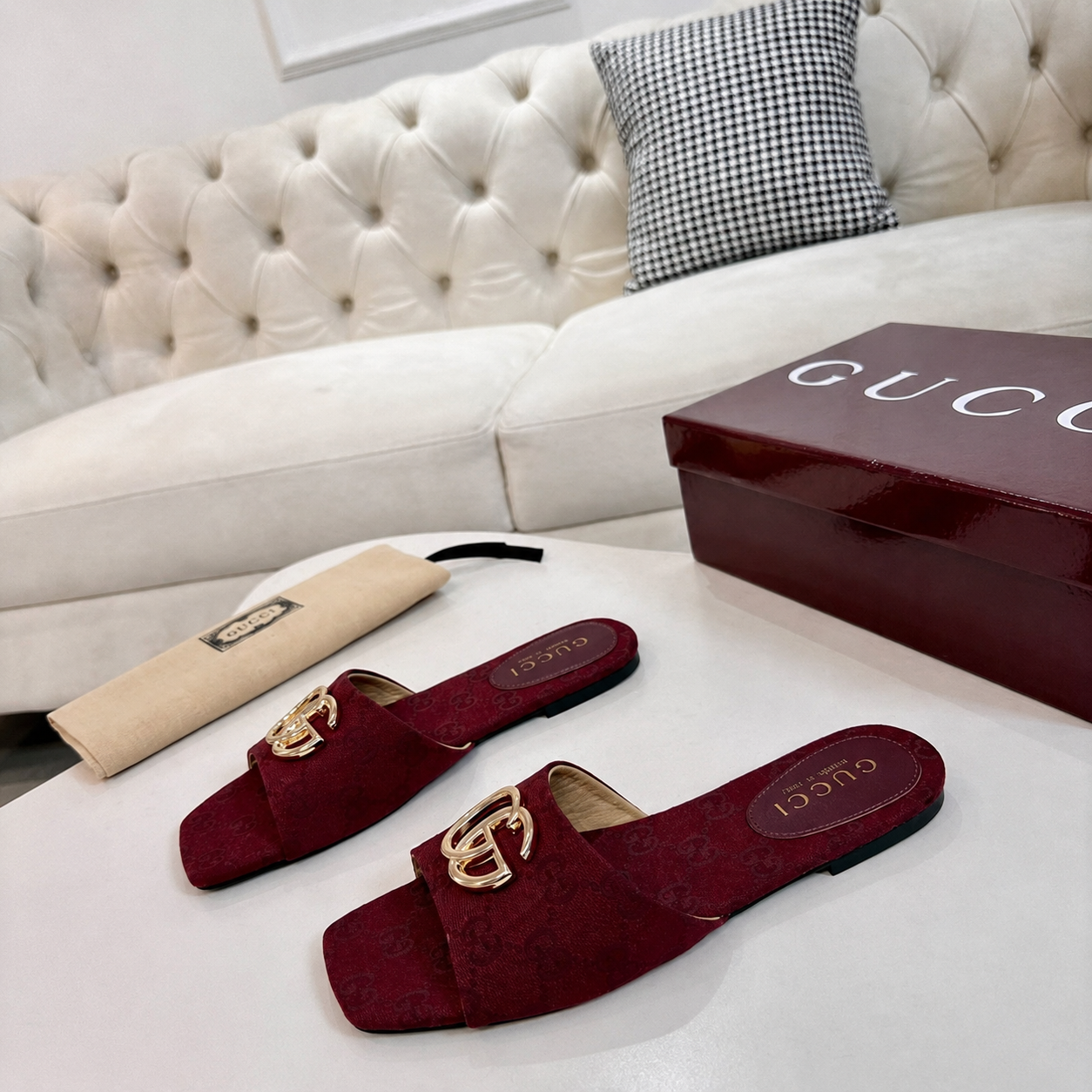Gucci Classic Monogram Canvas Single-Strap Slide Sandals In Burgundy - Image 3
