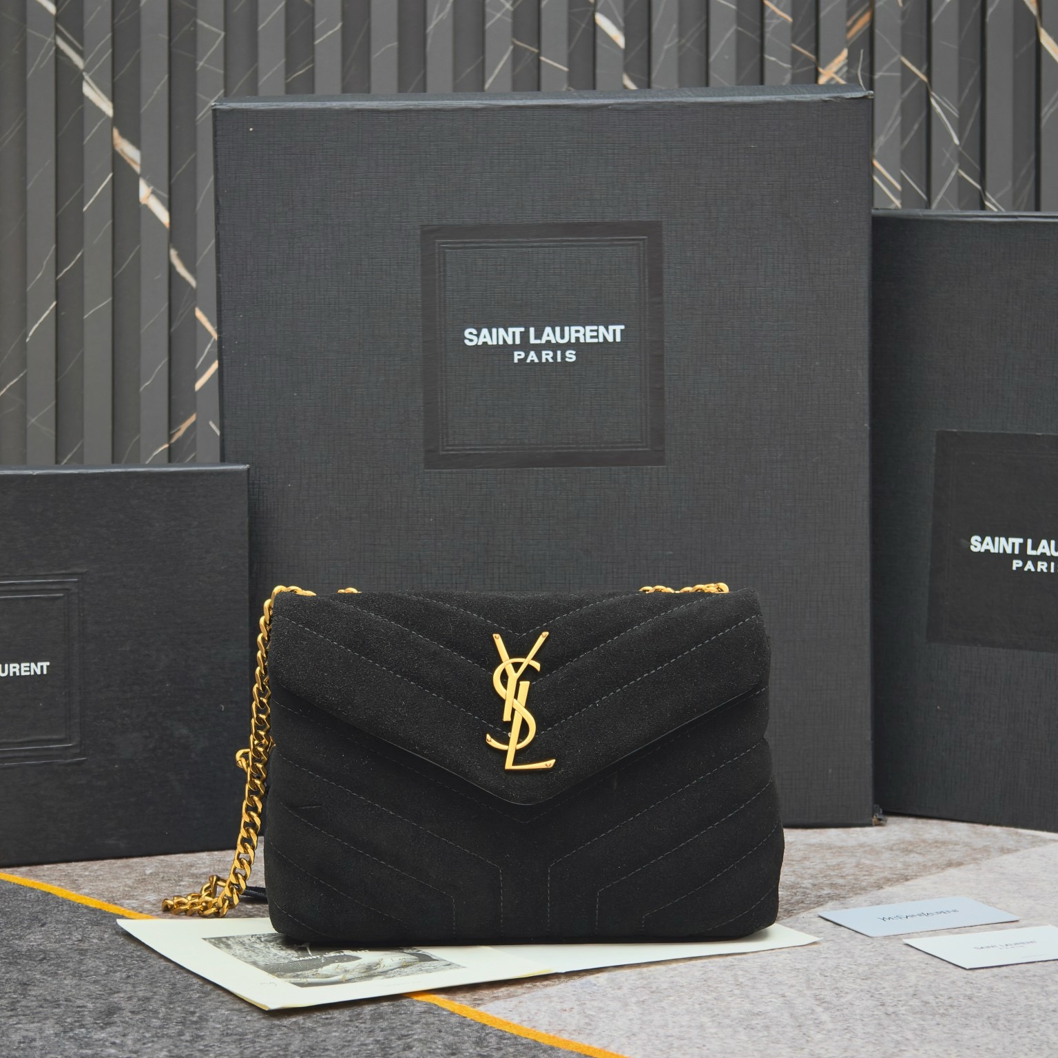 Saint Laurent Suede Calfskin Y Quilted Monogram Small Loulou Chain Satchel Black - Image 5