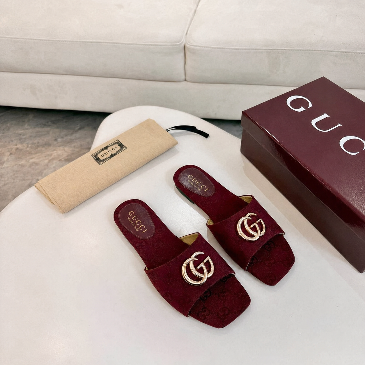 Gucci Classic Monogram Canvas Single-Strap Slide Sandals In Burgundy - Image 4