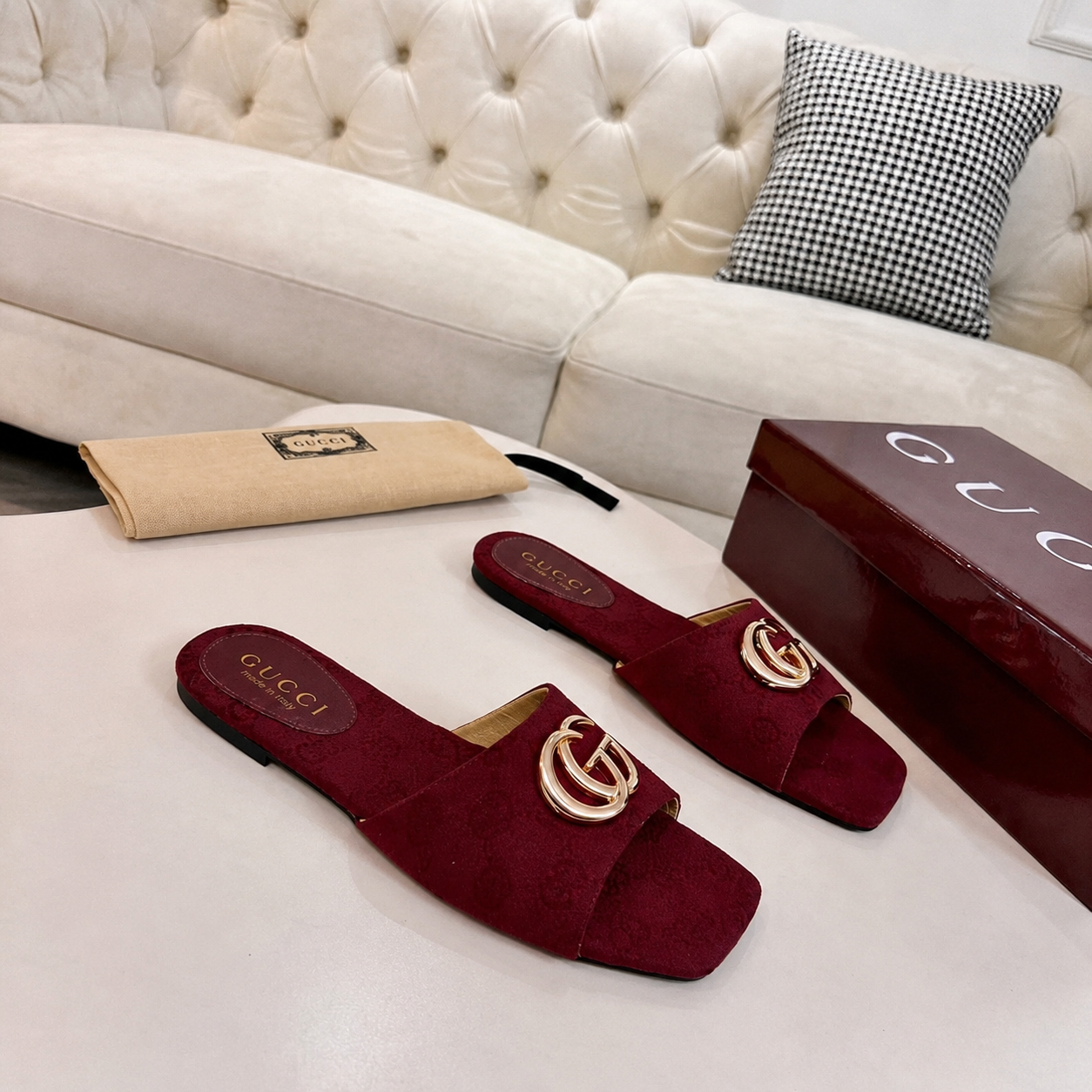 Gucci Classic Monogram Canvas Single-Strap Slide Sandals In Burgundy - Image 5