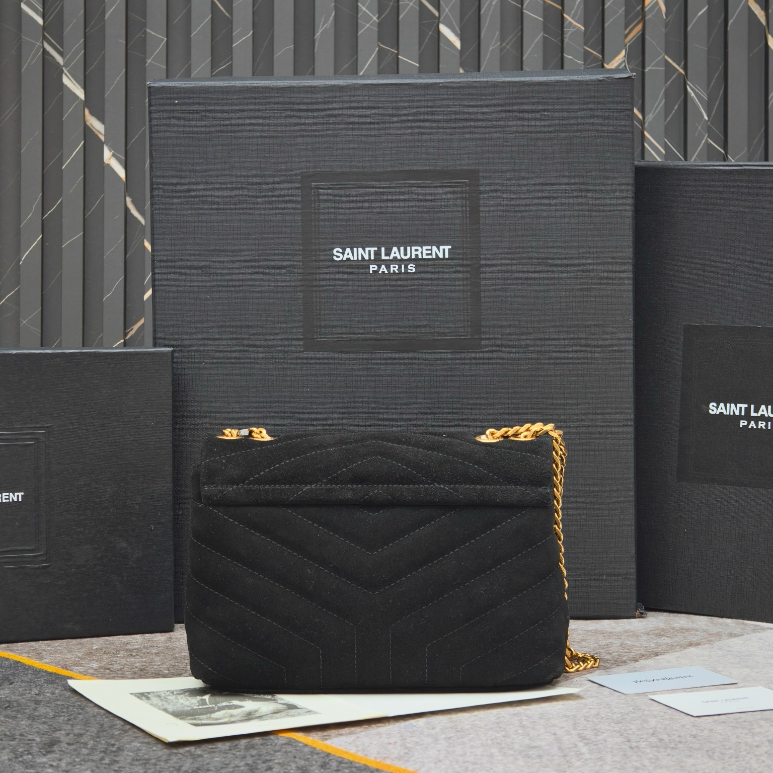 Saint Laurent Suede Calfskin Y Quilted Monogram Small Loulou Chain Satchel Black - Image 2