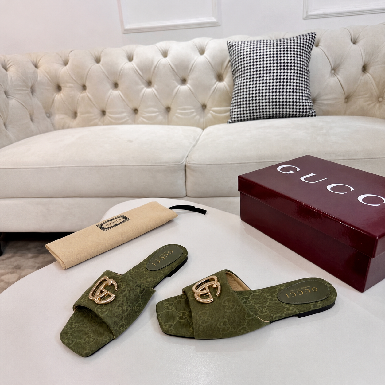 Gucci Classic Monogram Canvas Single-Strap Slide Sandals In Green - Image 5