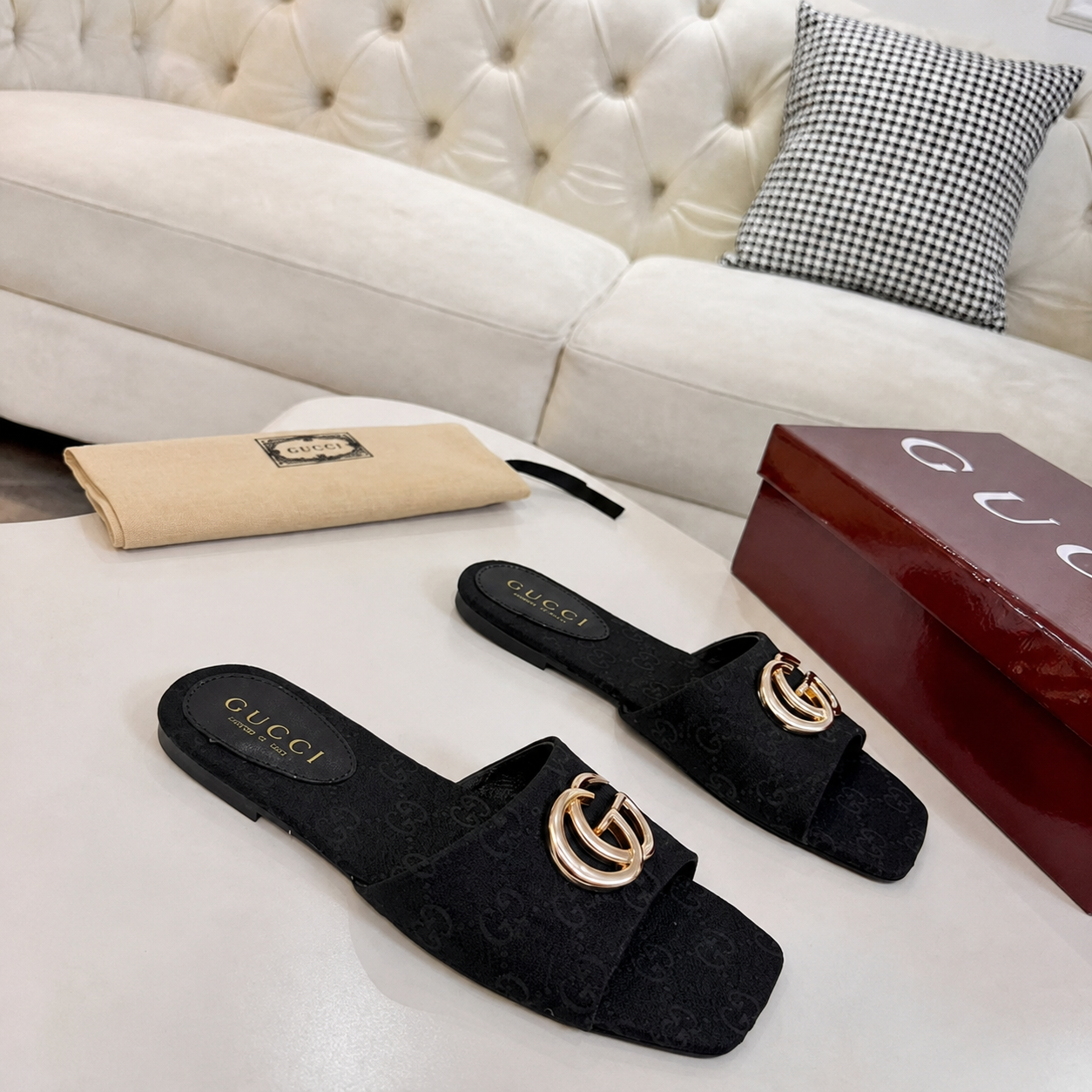 Gucci Classic Monogram Canvas Single-Strap Slide Sandals In Black - Image 2