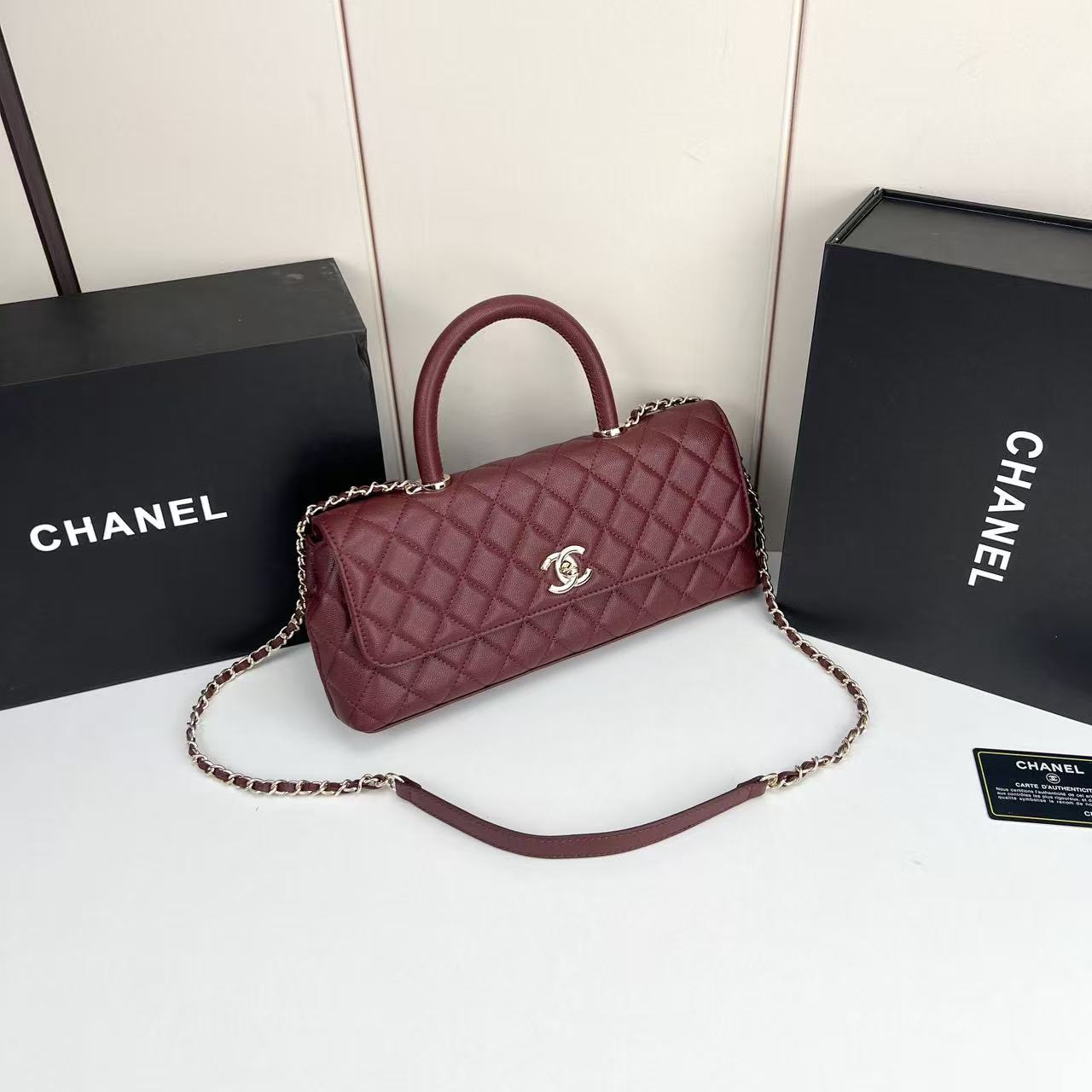 Chanel Caviar Quilted Maxi East West Coco Handle Flap Burgundy - Image 3
