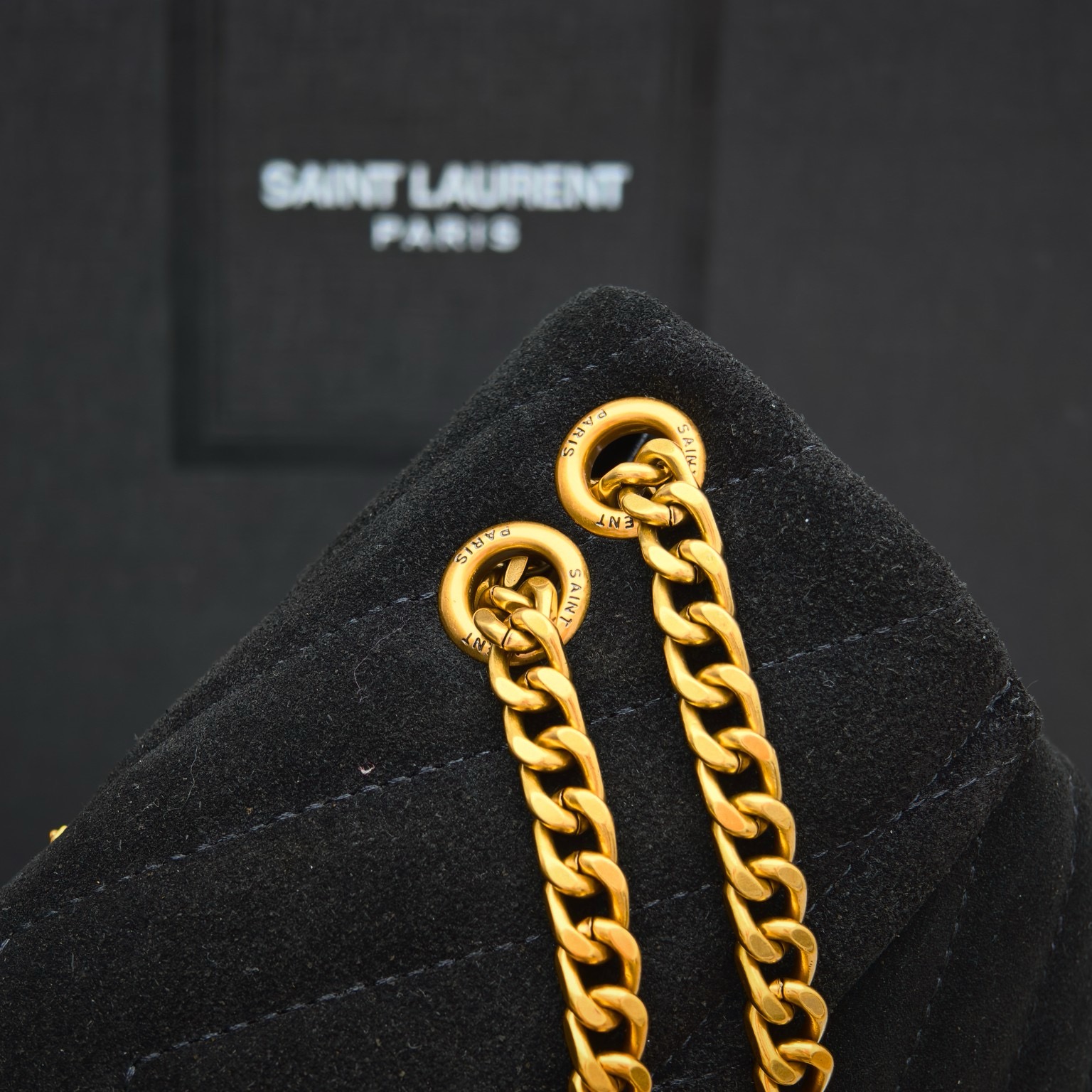 Saint Laurent Suede Calfskin Y Quilted Monogram Small Loulou Chain Satchel Black - Image 4
