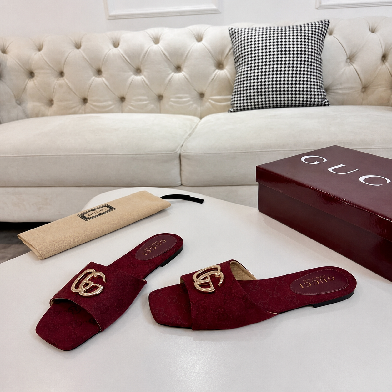 Gucci Classic Monogram Canvas Single-Strap Slide Sandals In Burgundy - Image 6