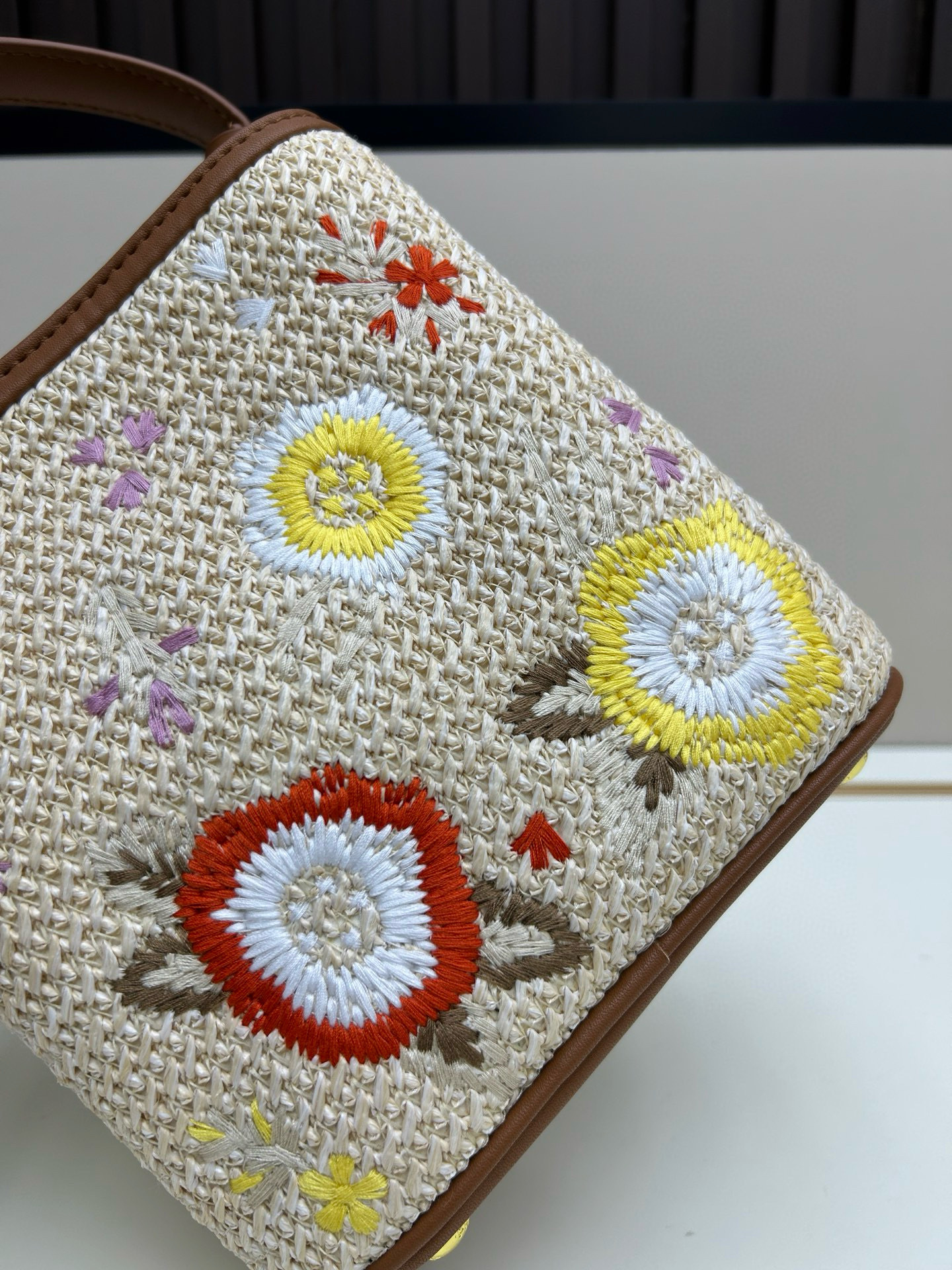 Prada Embroidered Floral Raffia Shoulder Bag In Brown - Image 4