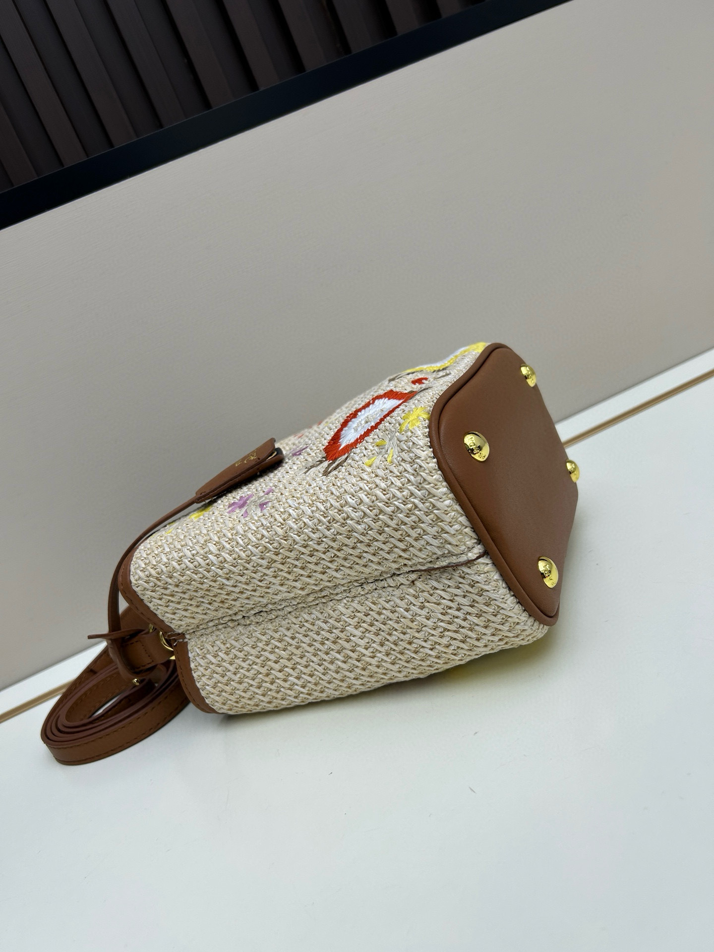Prada Embroidered Floral Raffia Shoulder Bag In Brown - Image 5