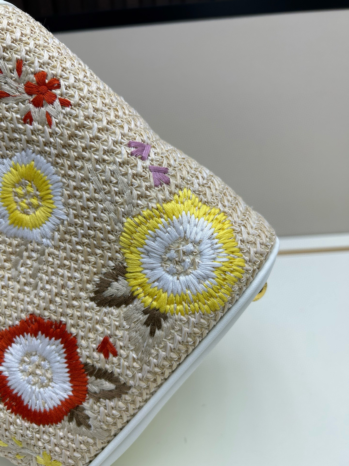 Prada Embroidered Floral Raffia Shoulder Bag In White - Image 4