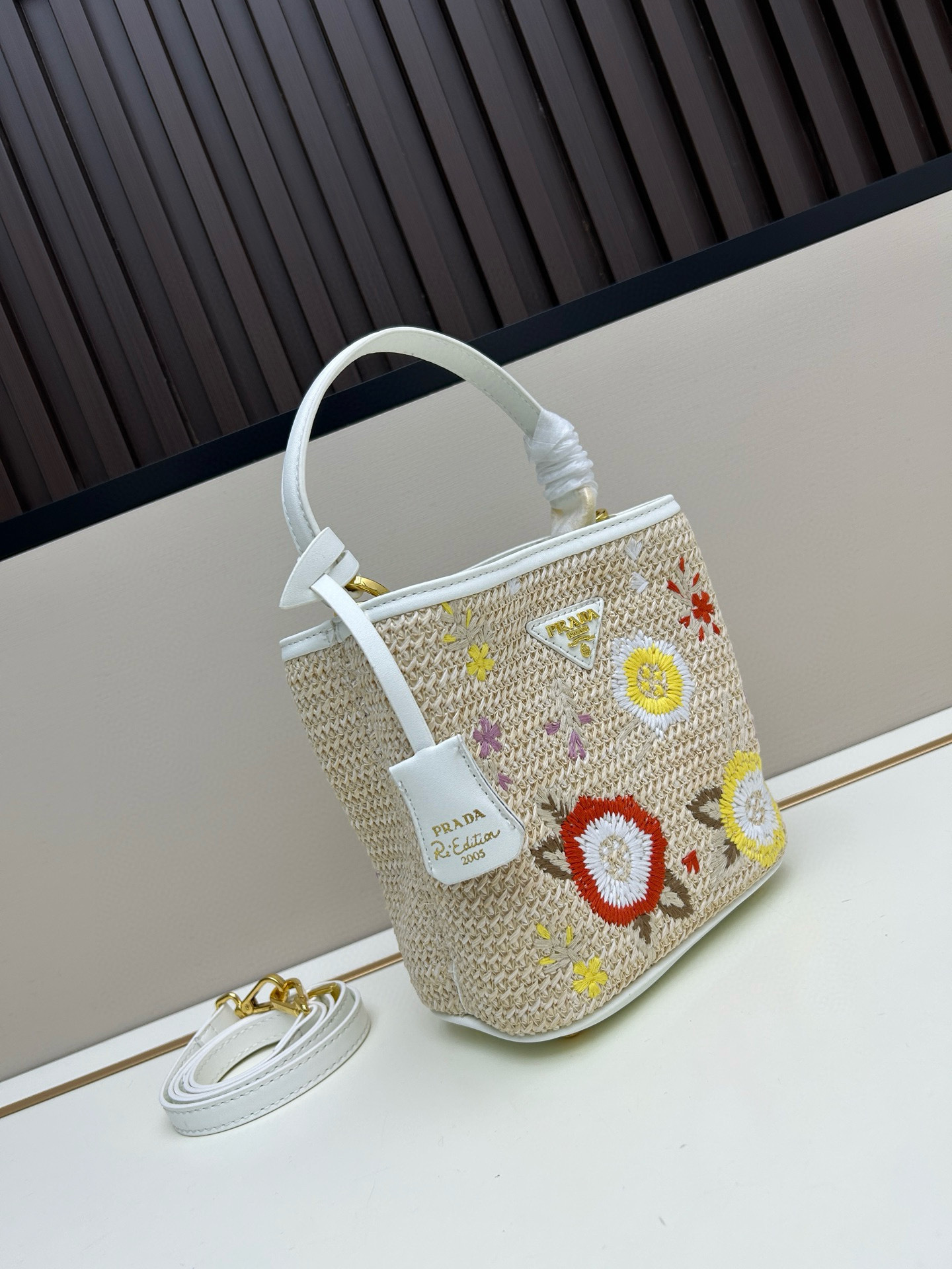 Prada Embroidered Floral Raffia Shoulder Bag In White - Image 8