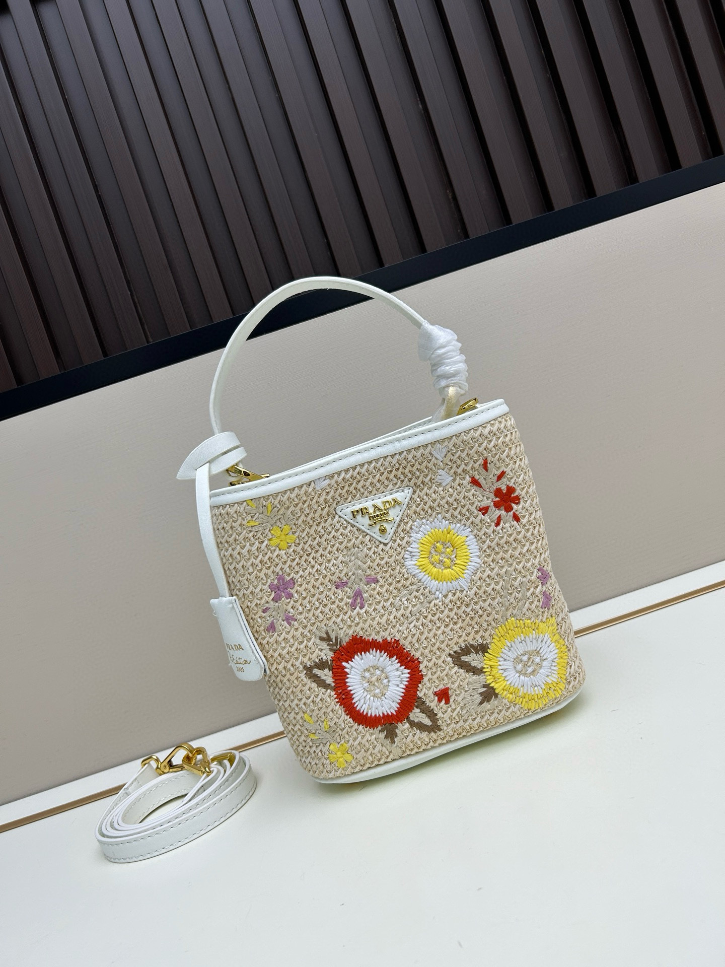 Prada Embroidered Floral Raffia Shoulder Bag In White - Image 9