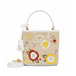 Prada Embroidered Floral Raffia Shoulder Bag In White