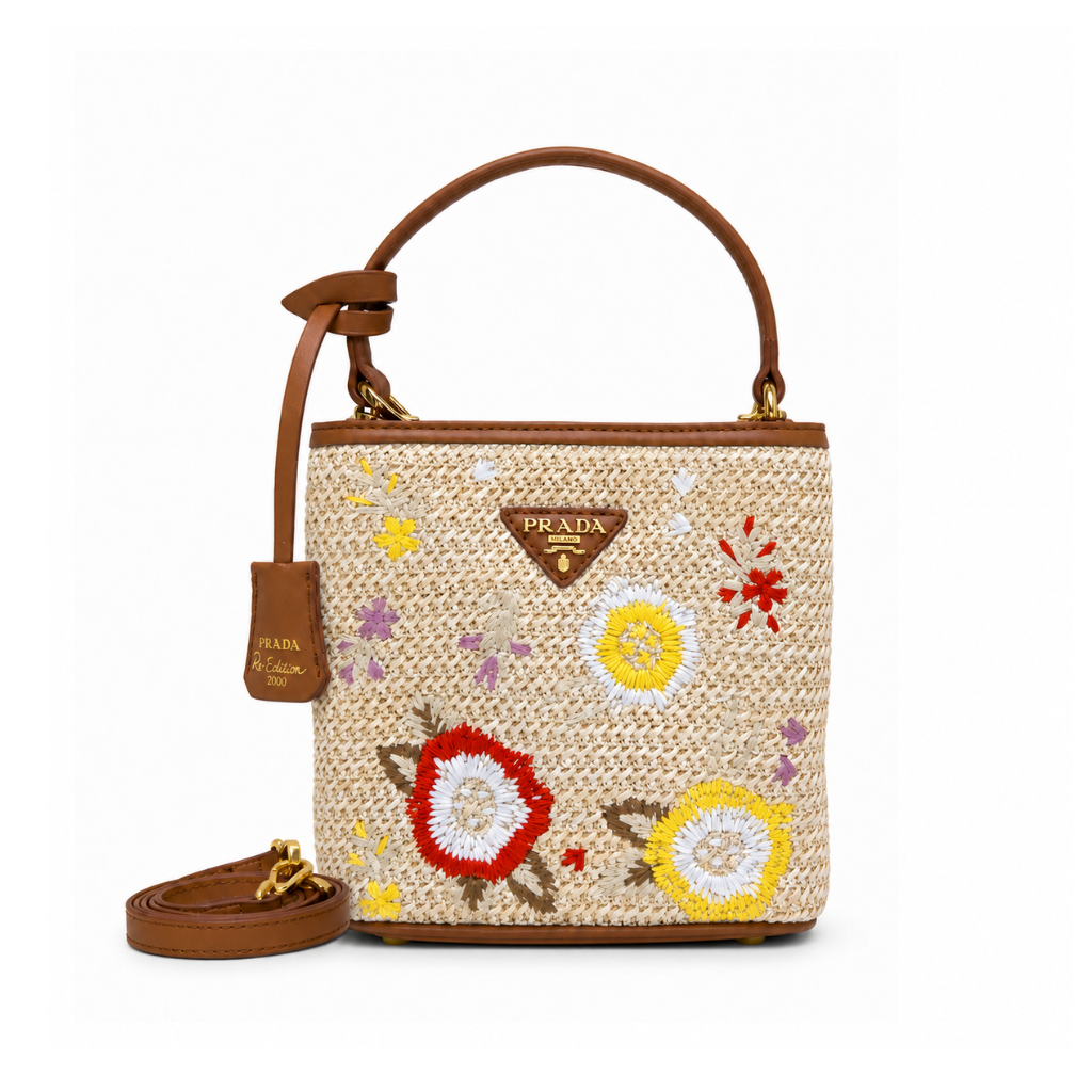 Prada Embroidered Floral Raffia Shoulder Bag In Brown