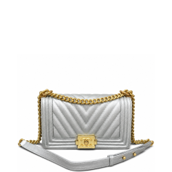 Chanel Medium Boy Bag Silver Chevron Caviar Gold Hardware