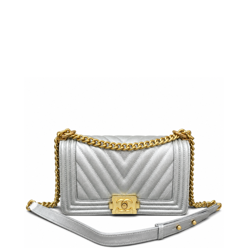 Chanel Medium Boy Bag Silver Chevron Caviar Gold Hardware