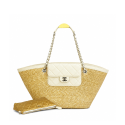 Chanel Large Shopping Tote Bag Beige Raffia And White Lambskin Light Gold Hardware