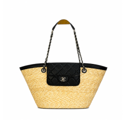 Chanel Large Shopping Tote Bag Beige Raffia and Black Lambskin Light Gold Hardware