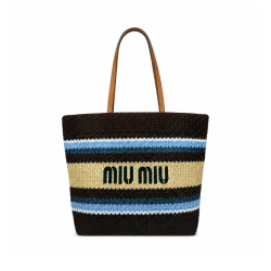 Miu Miu Raffia Effect Crochet Large Woven Tote Cocoa Brown Celeste Natural