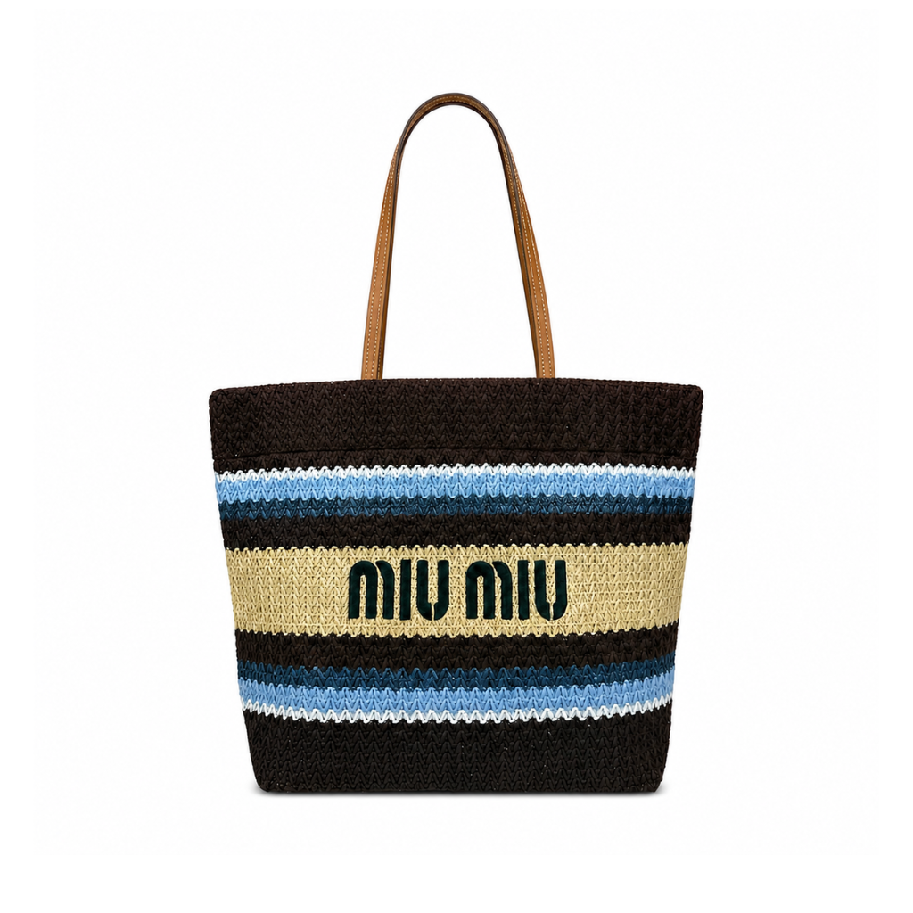 Miu Miu Raffia Effect Crochet Large Woven Tote Cocoa Brown Celeste Natural