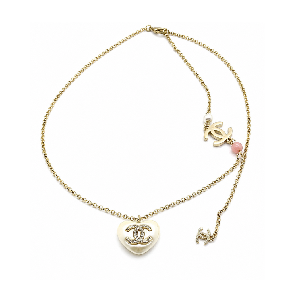 Chanel Gold-Tone CC Heart Resin Pearl Necklace