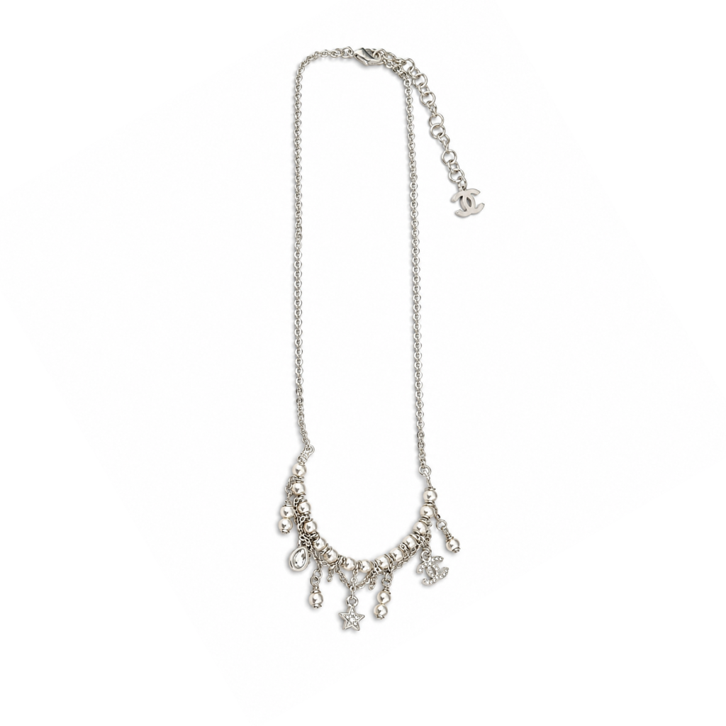 Chanel Crystal Star And Pearl Tassel Necklace In Silver-Tone Metal