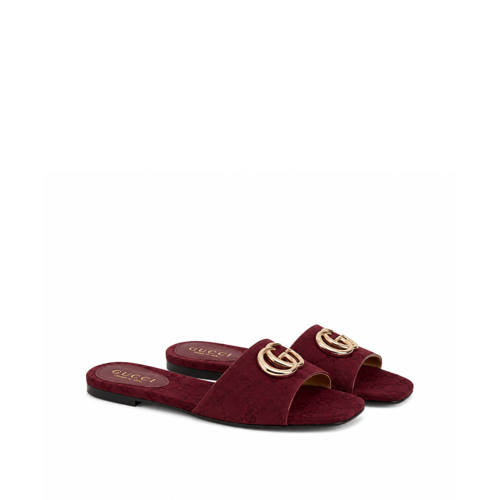 Gucci Classic Monogram Canvas Single-Strap Slide Sandals In Burgundy