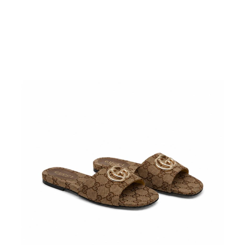 Gucci Classic Monogram Canvas Single-Strap Slide Sandals In Brown