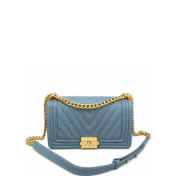 Chanel Medium Boy Bag Blue Chevron Caviar Gold Hardware