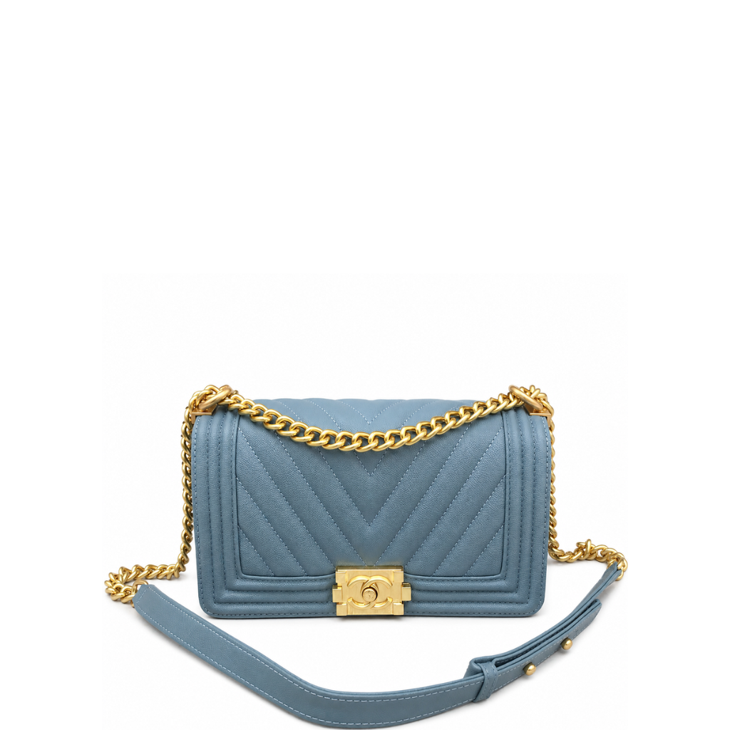 Chanel Medium Boy Bag Blue Chevron Caviar Gold Hardware