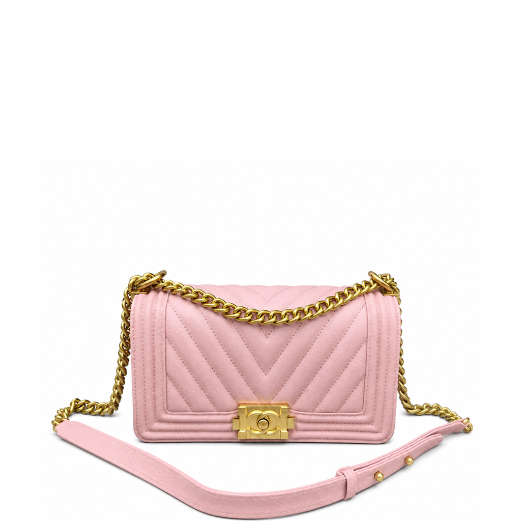 Chanel Medium Boy Bag Pink Chevron Caviar Gold Hardware