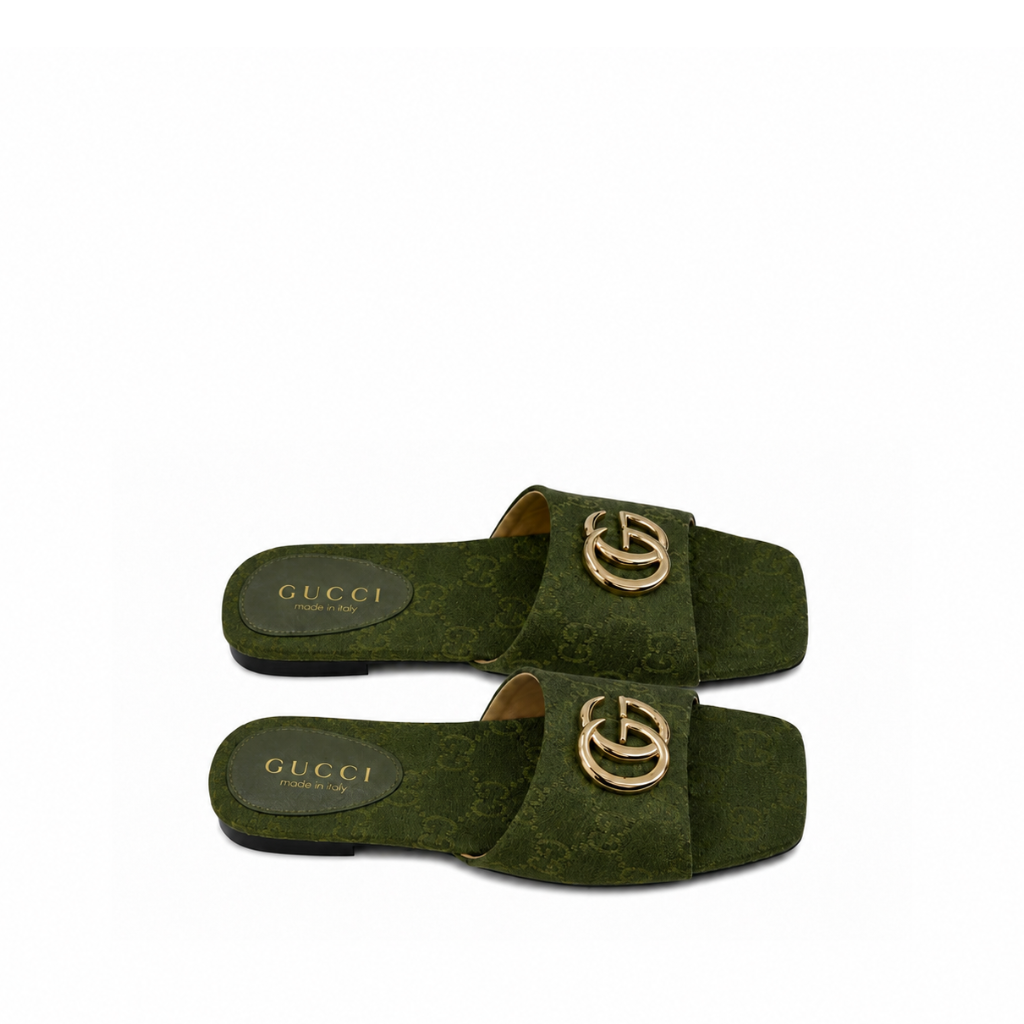 Gucci Classic Monogram Canvas Single-Strap Slide Sandals In Green