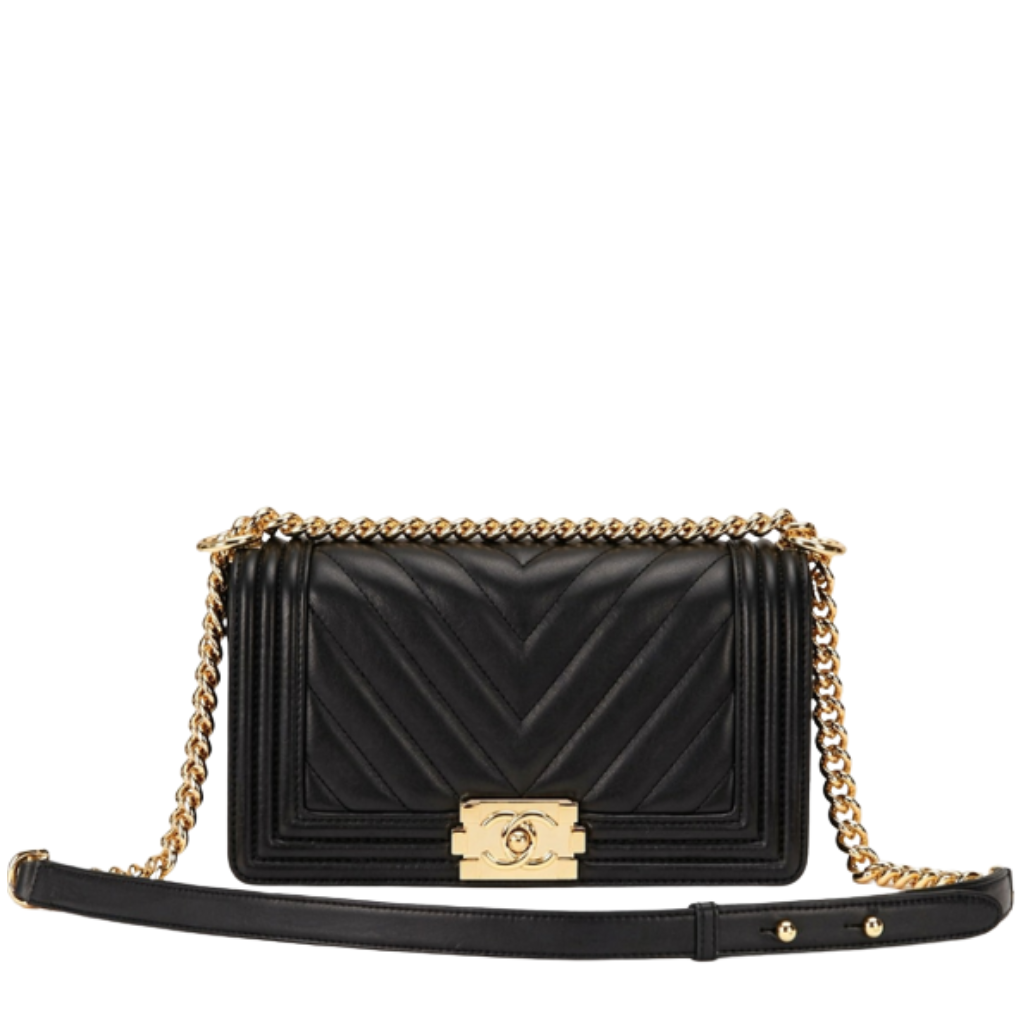 Chanel Medium Boy Bag Black Chevron Caviar Light Gold Hardware