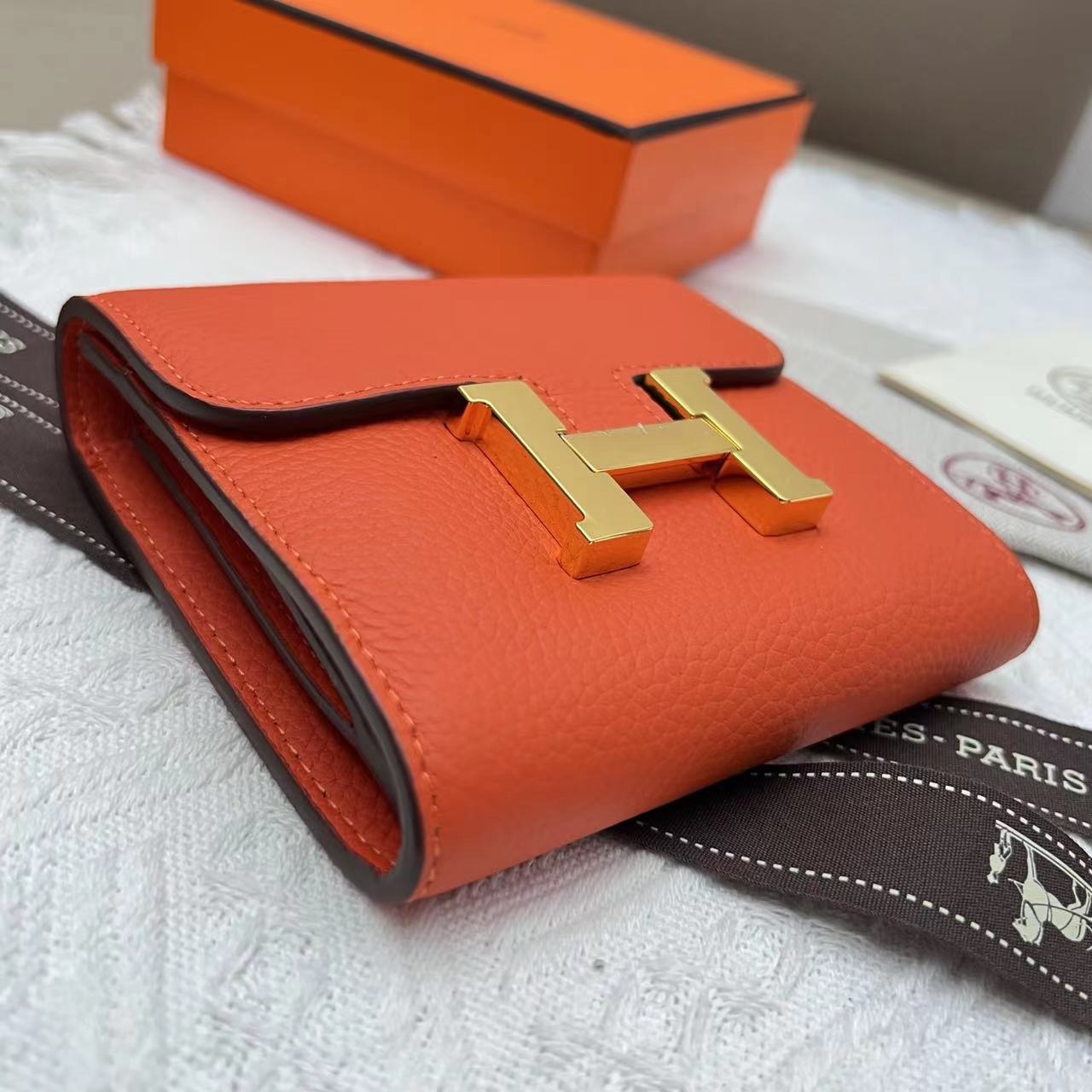 Hermès Constance Compact Wallet Rouge Tomate Epsom with Gold Hardware Stamp - Image 8
