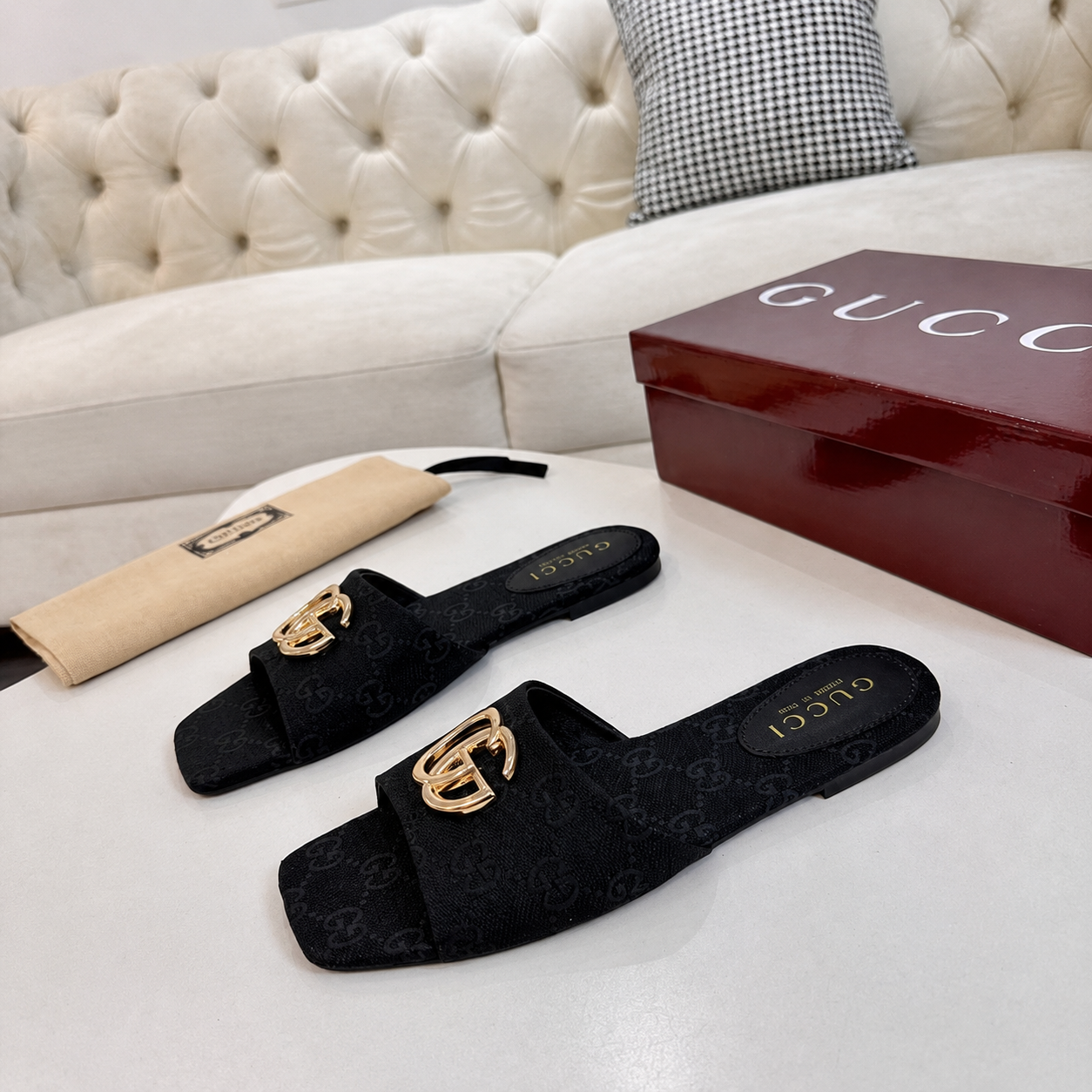 Gucci Classic Monogram Canvas Single-Strap Slide Sandals In Black - Image 5