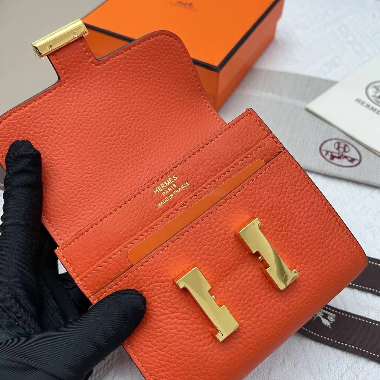 Hermès Constance Compact Wallet Rouge Tomate Epsom with Gold Hardware Stamp - Image 5