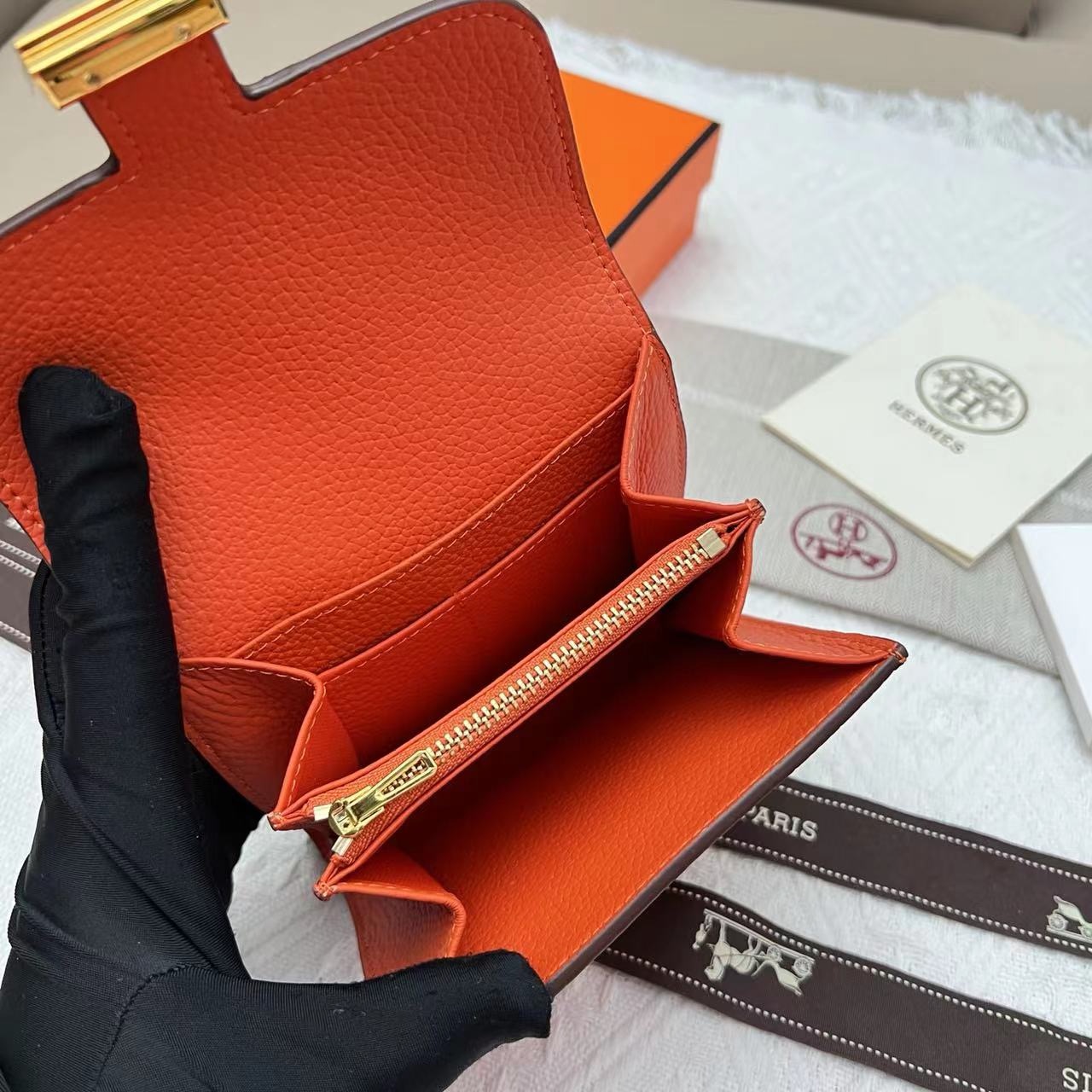 Hermès Constance Compact Wallet Rouge Tomate Epsom with Gold Hardware Stamp - Image 7
