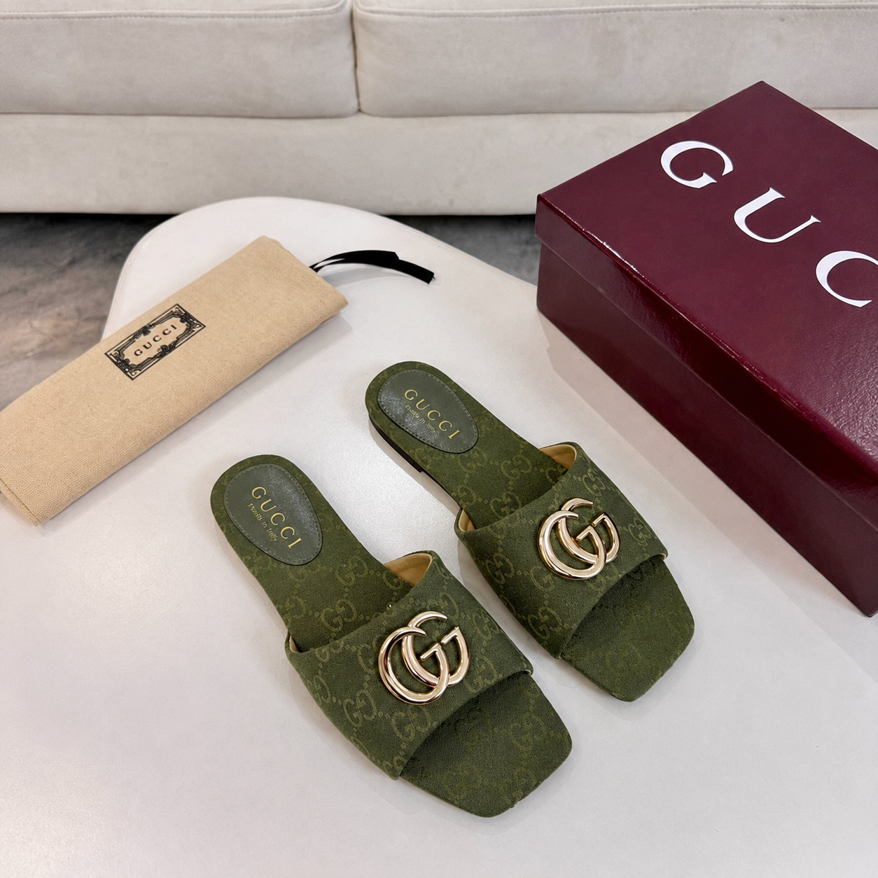 Gucci Classic Monogram Canvas Single-Strap Slide Sandals In Green - Image 2