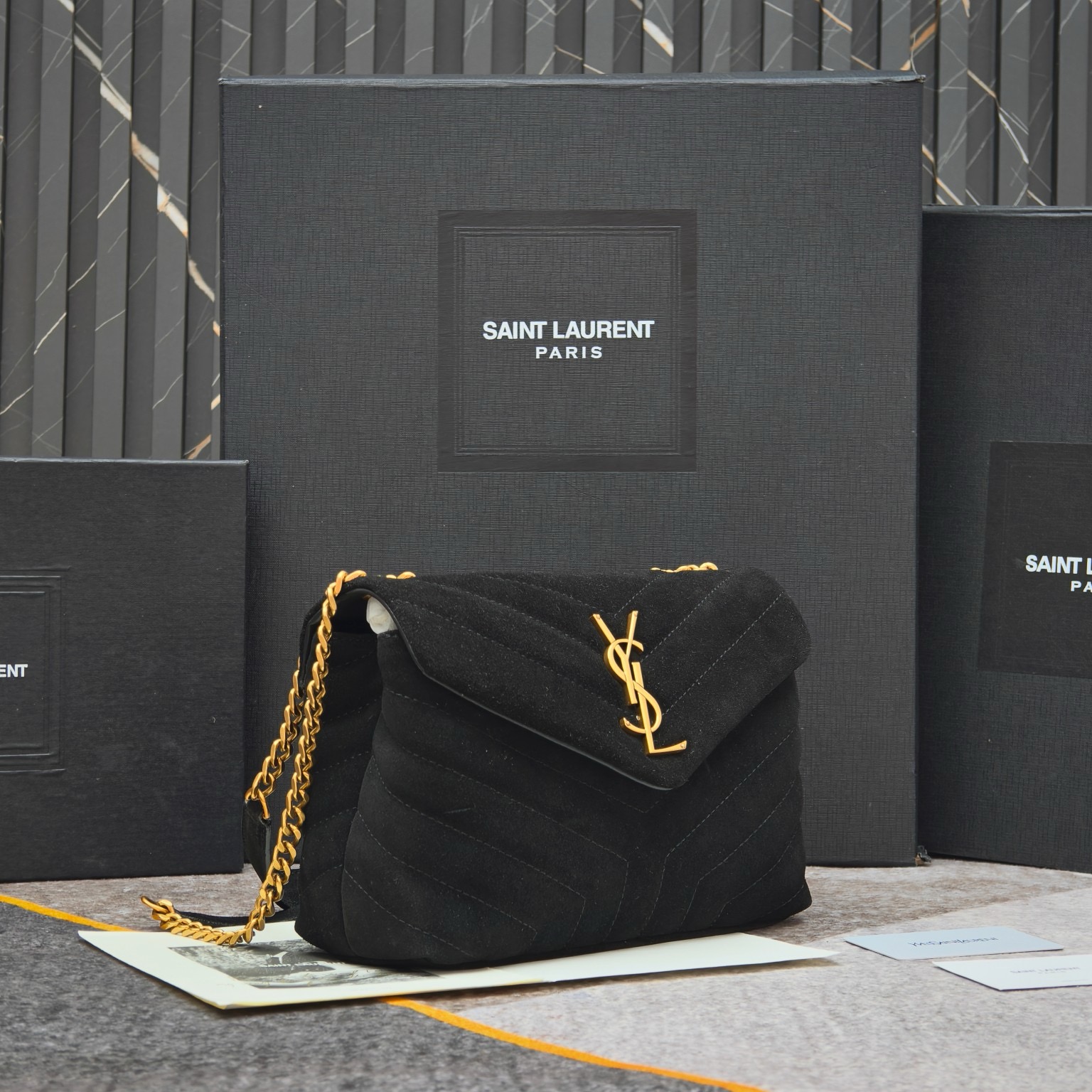 Saint Laurent Suede Calfskin Y Quilted Monogram Small Loulou Chain Satchel Black - Image 9