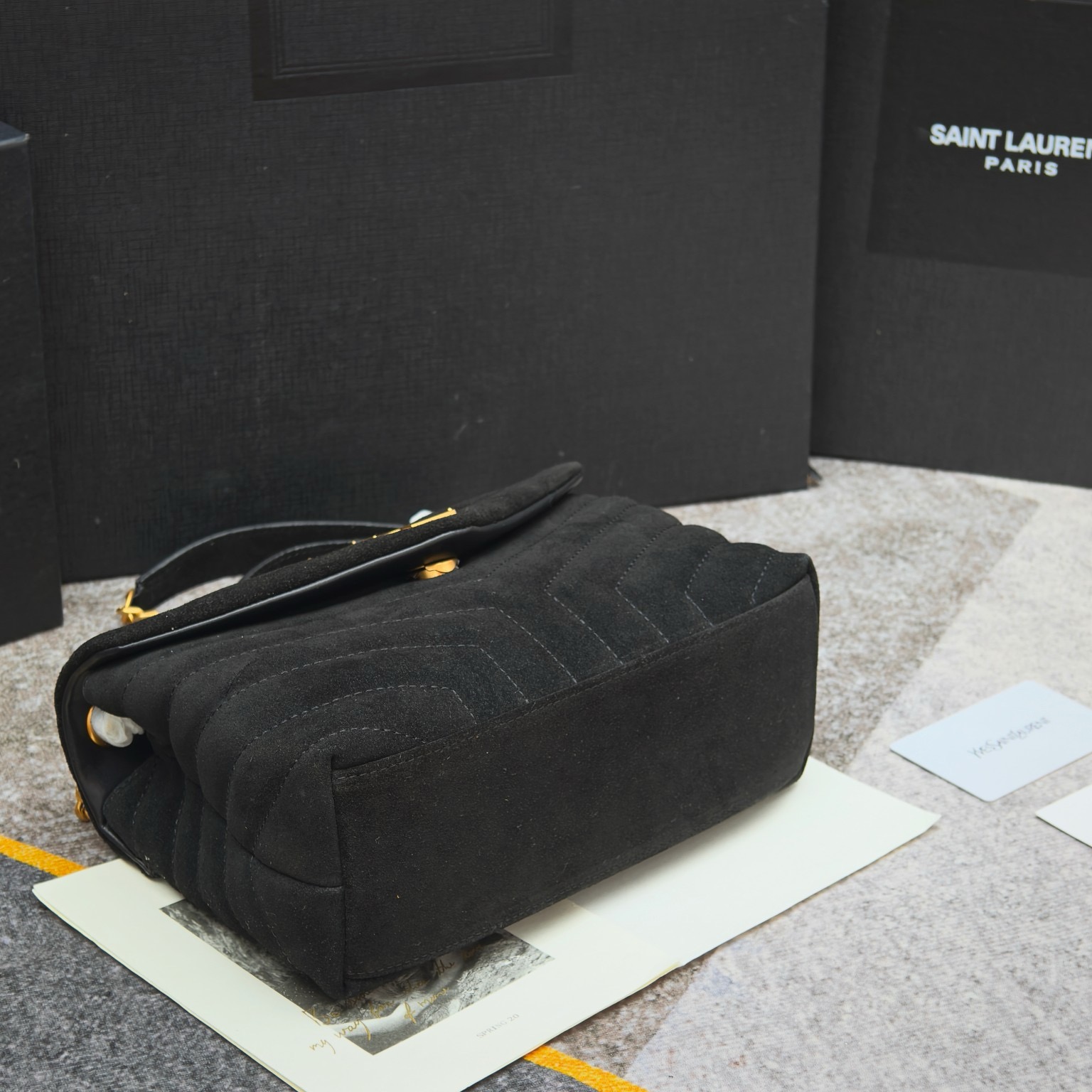 Saint Laurent Suede Calfskin Y Quilted Monogram Small Loulou Chain Satchel Black - Image 10