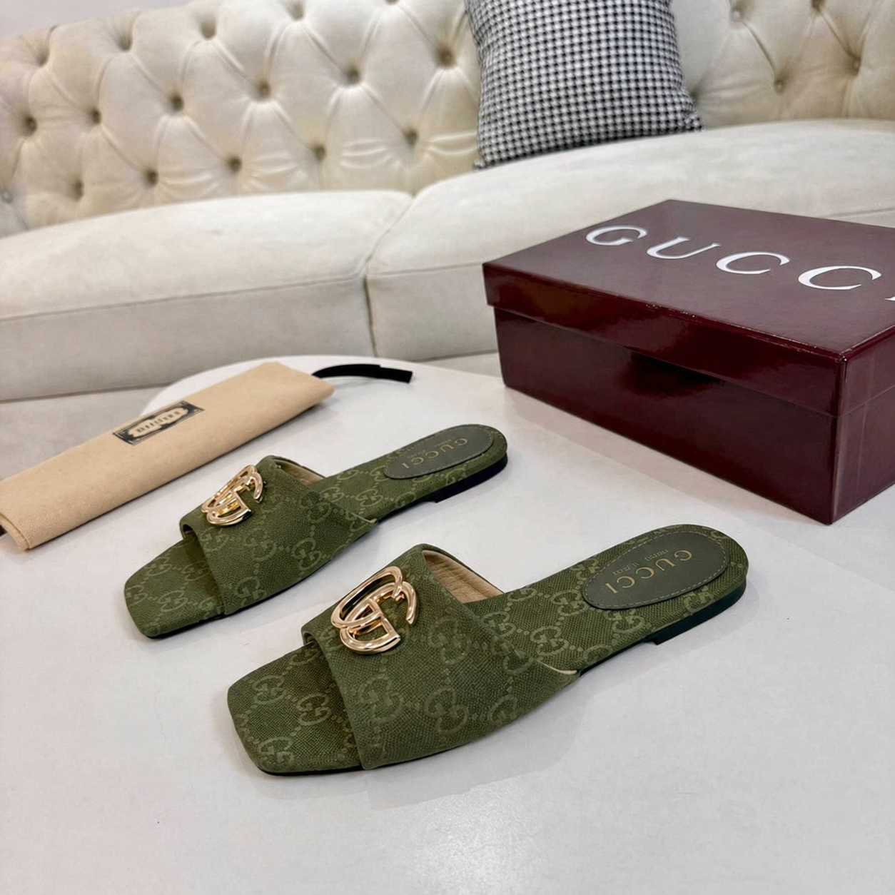 Gucci Classic Monogram Canvas Single-Strap Slide Sandals In Green - Image 6
