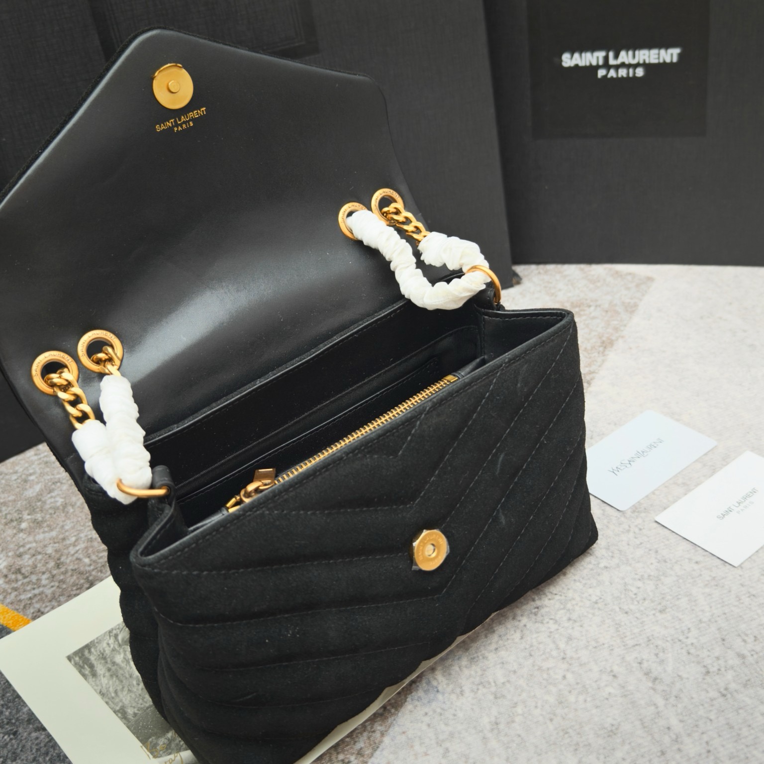 Saint Laurent Suede Calfskin Y Quilted Monogram Small Loulou Chain Satchel Black - Image 8