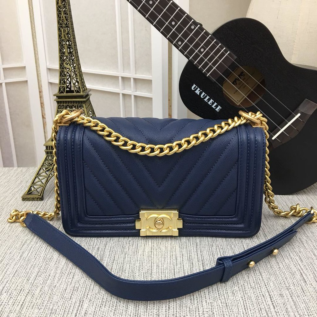 Chanel Medium Boy Bag Navy Chevron Caviar Gold Hardware - Image 2