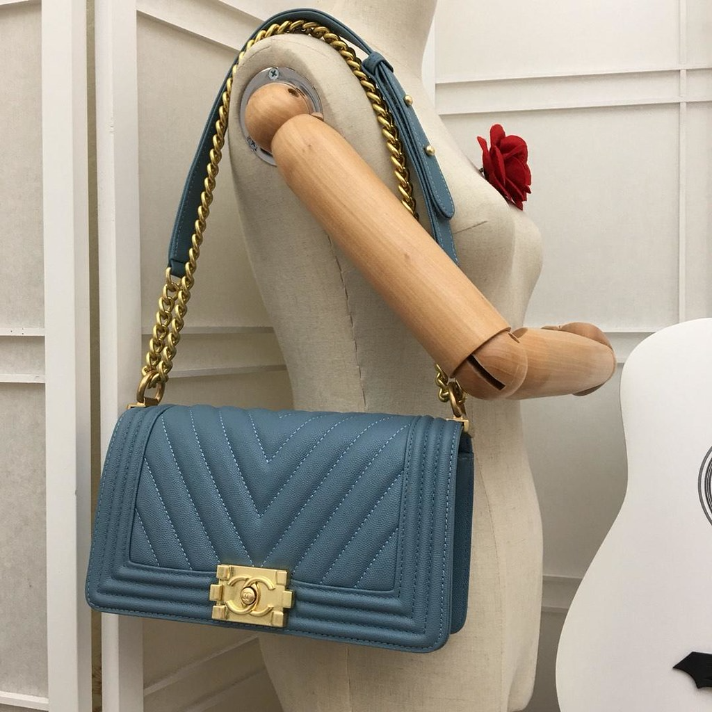 Chanel Medium Boy Bag Blue Chevron Caviar Gold Hardware - Image 8