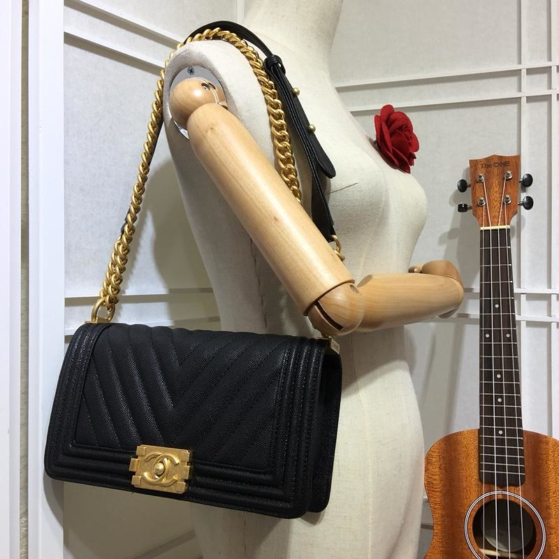 Chanel Medium Boy Bag Black Chevron Caviar Light Gold Hardware - Image 7
