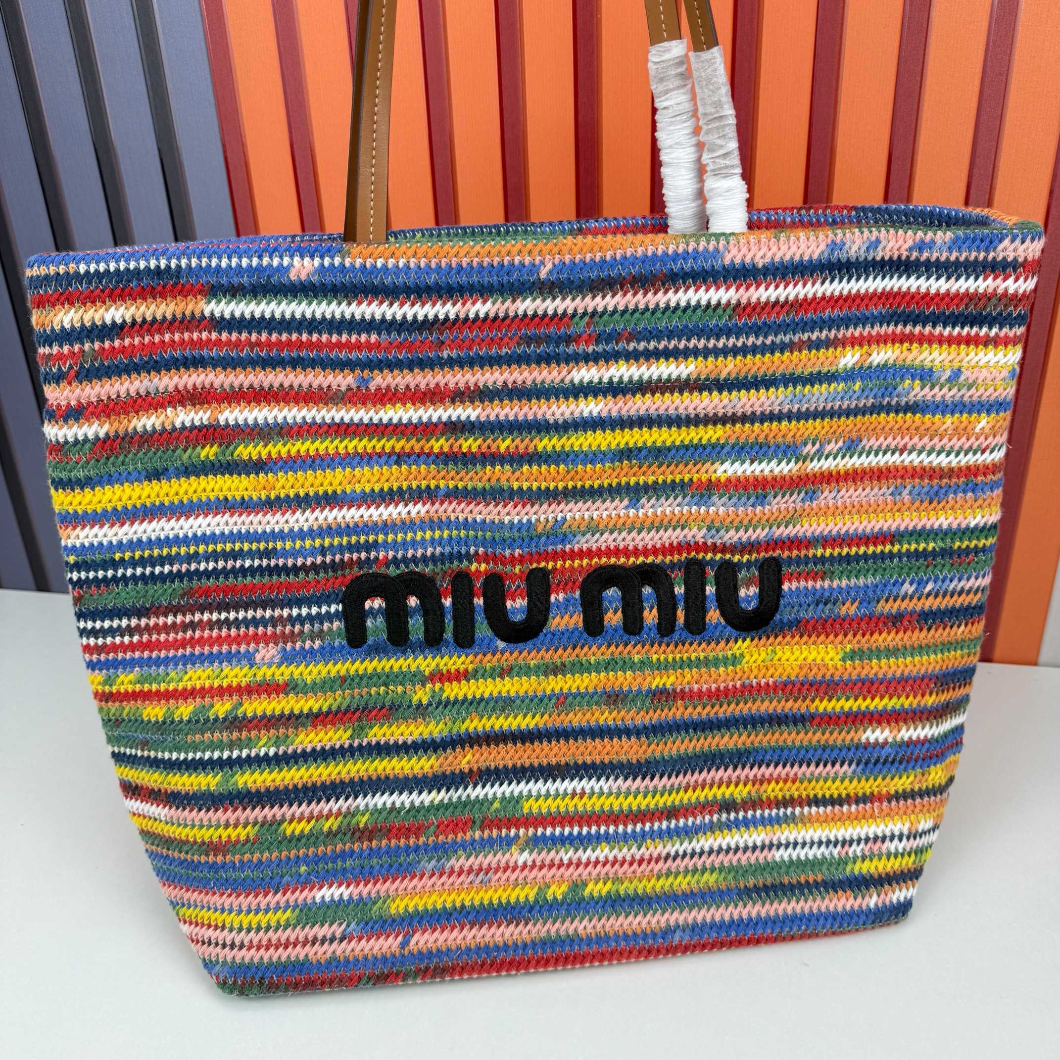 Miu Miu Cotton Crochet Stripe Tote Bag Multicolor - Image 2