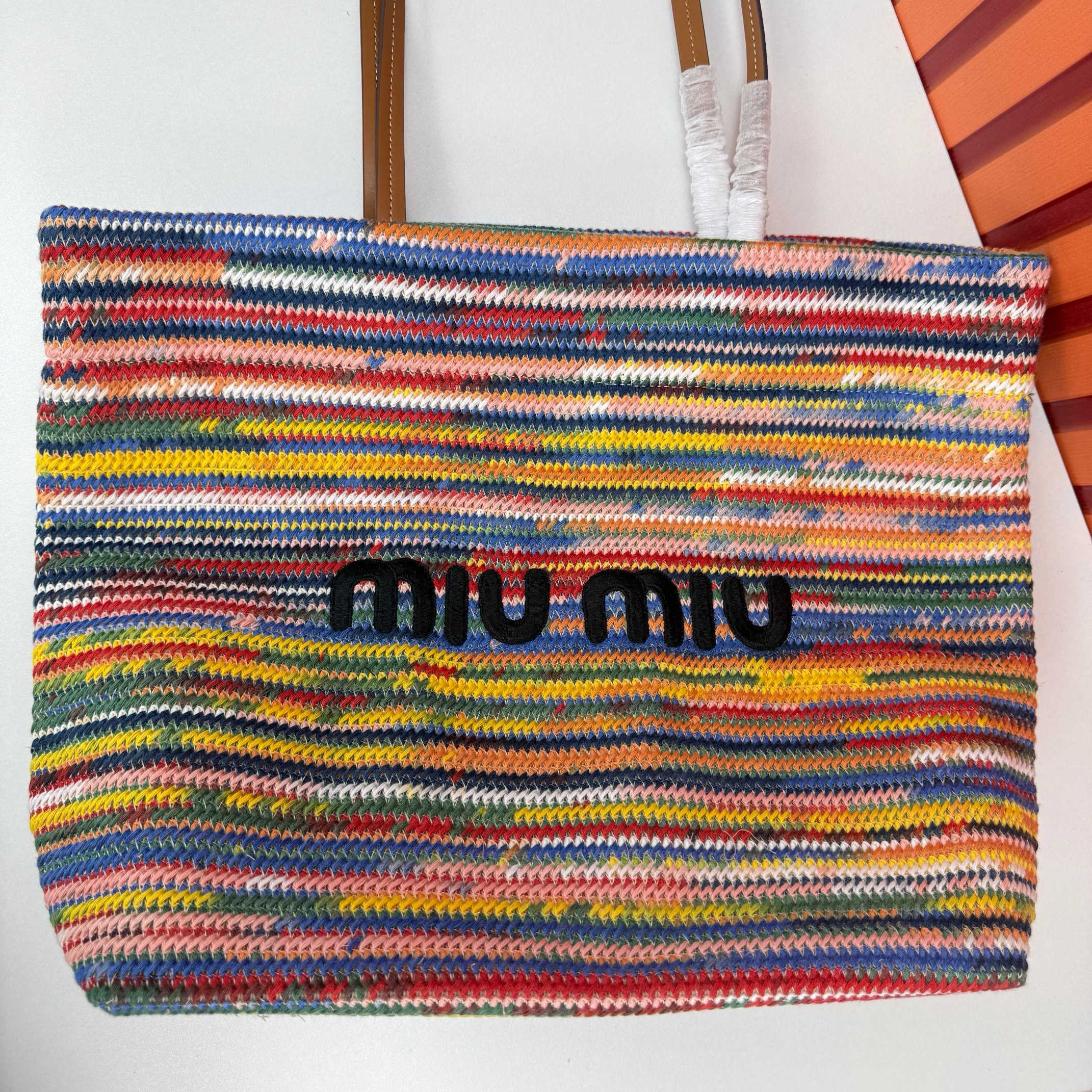 Miu Miu Cotton Crochet Stripe Tote Bag Multicolor - Image 4