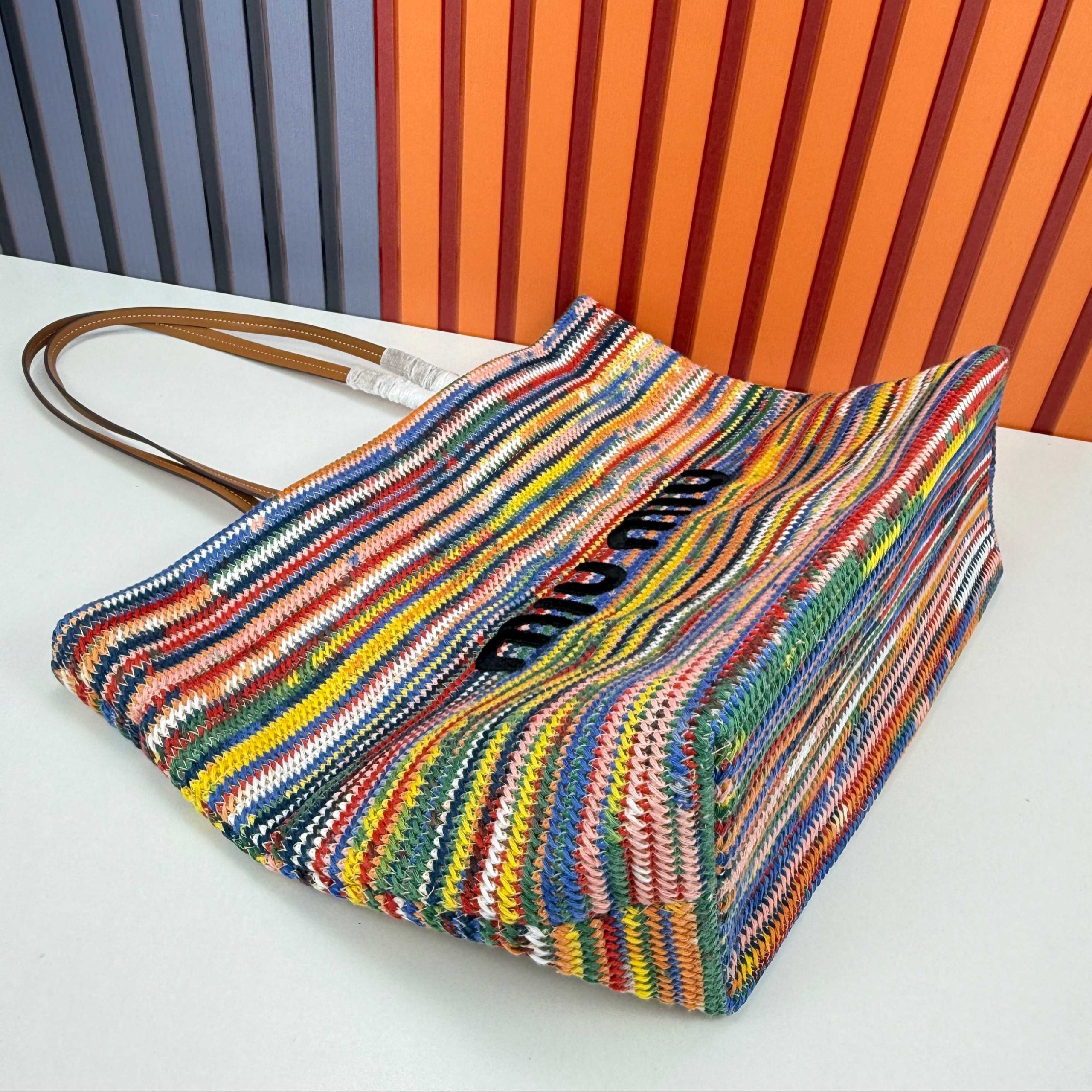 Miu Miu Cotton Crochet Stripe Tote Bag Multicolor - Image 5