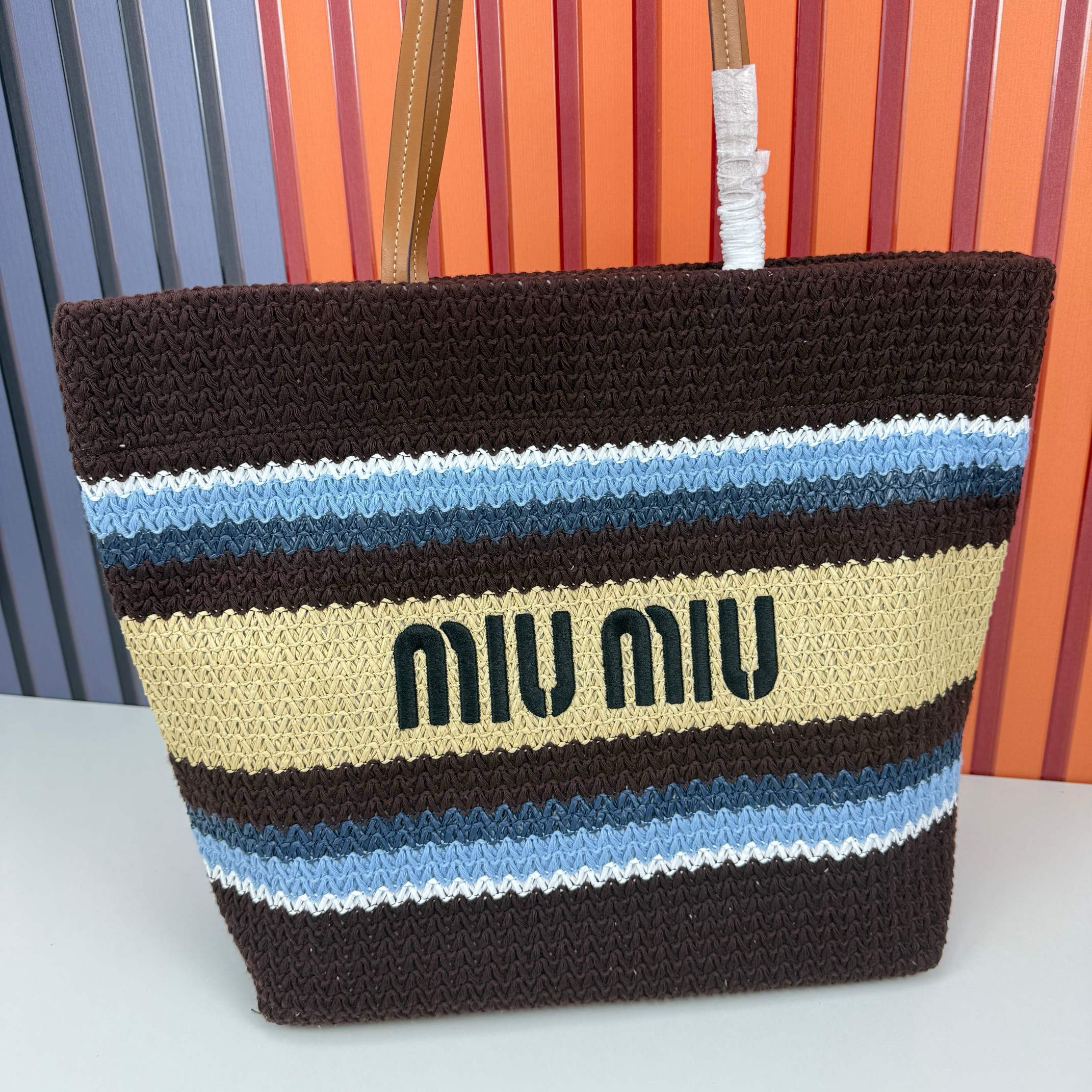 Miu Miu Raffia Effect Crochet Large Woven Tote Cocoa Brown Celeste Natural - Image 4